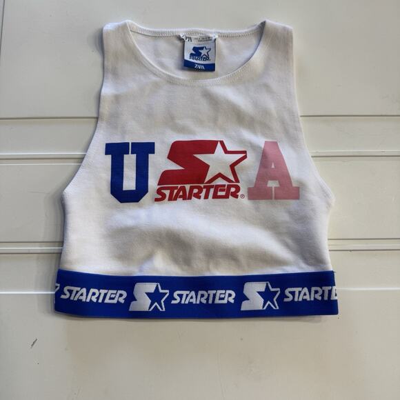 Zara x Starter USA Crop Top Shirt White Size Small Stretch - Picture 1 of 5